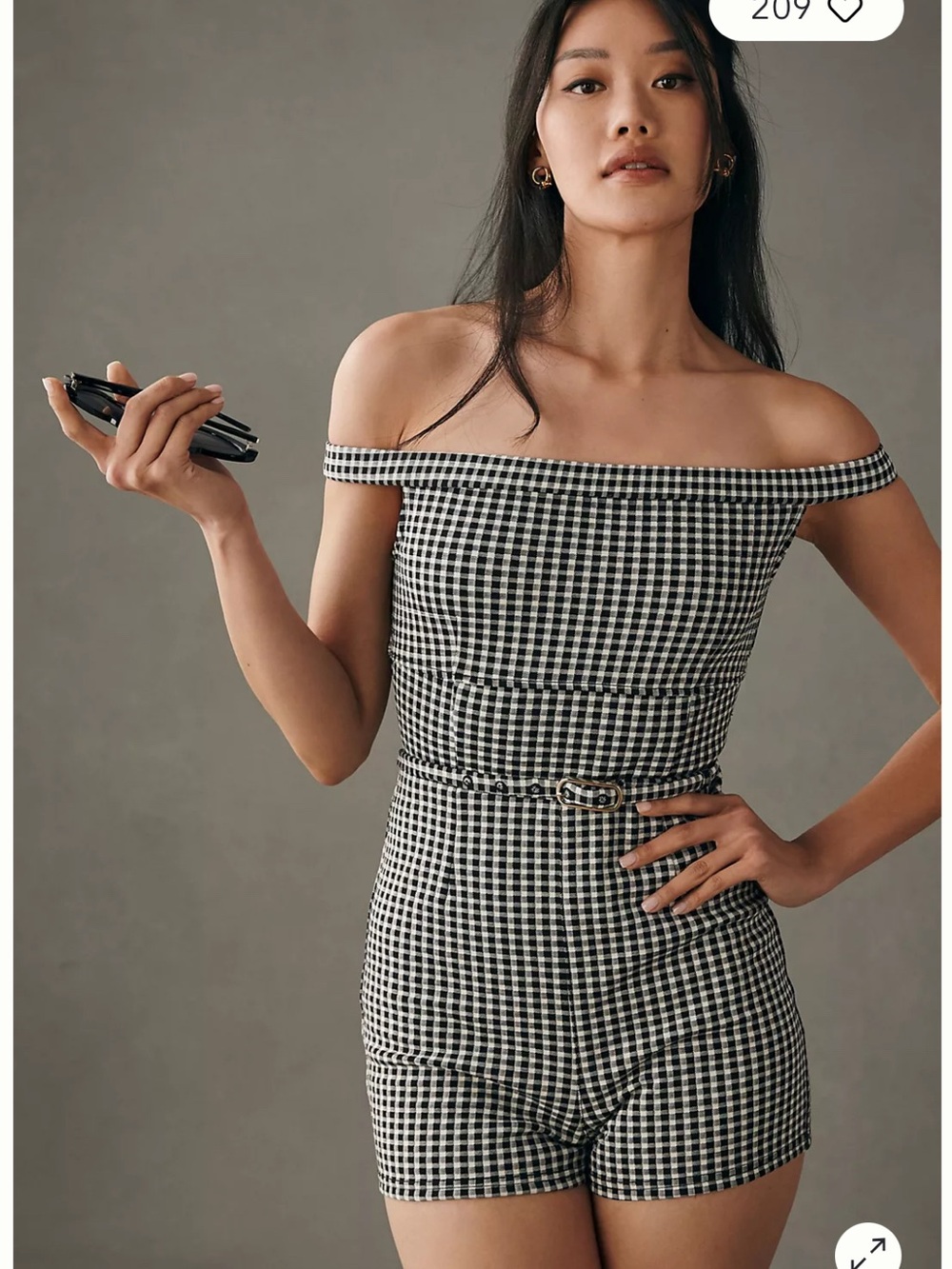 Anthropologie Black and White Gingham Off-Shoulder Romper